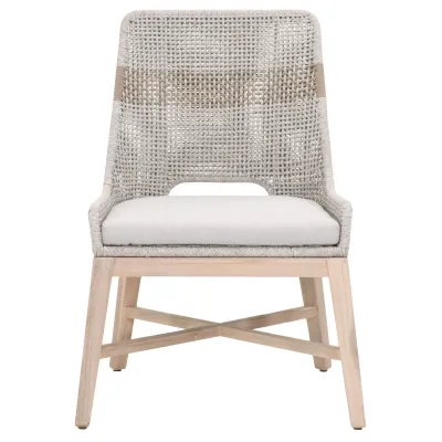 Tapestry Outdoor Dining Chair, Set Of 2 Taupe & White Flat Rope, Taupe Stripe, Performance Pumice, Gray Teak