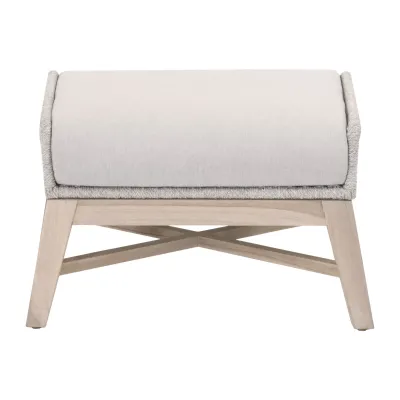 Tapestry Outdoor Footstool Taupe & White Flat Rope, Performance Pumice, Gray Teak