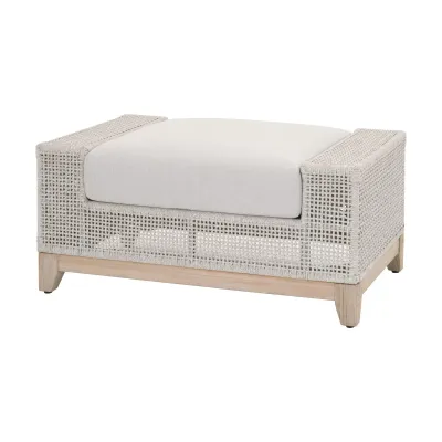 Tropez Outdoor Ottoman Taupe & White Flat Rope, Performance Pumice, Gray Teak