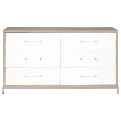 Wrenn 6-Drawer Double Dresser Natural Gray Acacia, Matte White, Brushed Stainless Steel