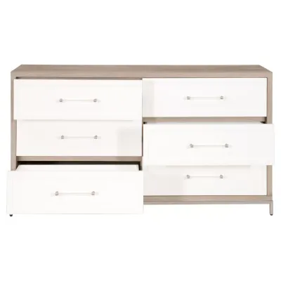 Wrenn 6-Drawer Double Dresser Natural Gray Acacia, Matte White, Brushed Stainless Steel