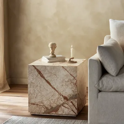 Modern Marble Plinth End Table Desert Taupe