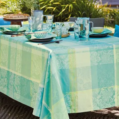 Mille Venusta Aqua Coated Stain-Resistant Cotton Damask Table Linens