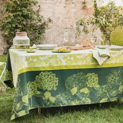 Mille Hortensias Vert Coated Stain-Resistant Cotton Damask Table Linens