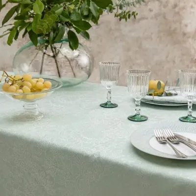 Mille Guipures Jade Coated Stain-Resistant Cotton Damask Table Linens