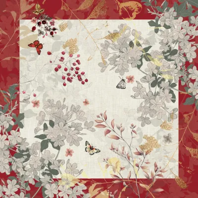Vintage Flowers Cranberry 50% Cotton 50% Linen Printed Napkin 18"x18"