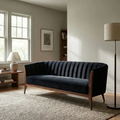 Connor Black Velvet Channel Back Sofa