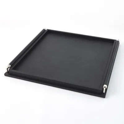 Wrapped Handle Tray Black Leather Large