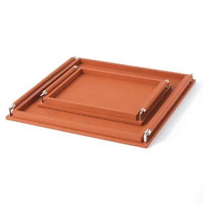 Wrapped Handle Tray Coral Leather Large