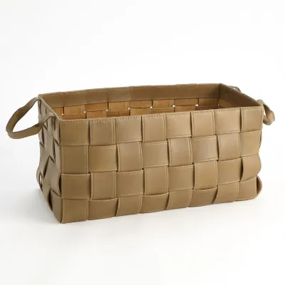 Soft Woven Leather Basket Putty Large
