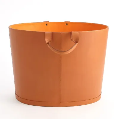Oversized Oval Leather Basket Orange