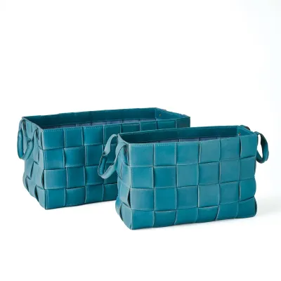 Soft Woven Leather Basket Azure Large