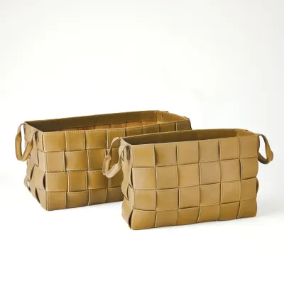 Soft Woven Leather Basket Putty Large