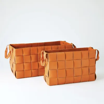 Soft Woven Leather Basket Orange Small