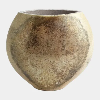 Golden Raku Flat Round Vase 10"H x 6"W x 12"D