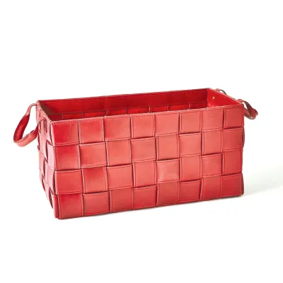 Soft Woven Leather Basket Deep Red Large