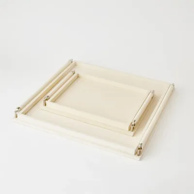 Wrapped Handle Tray Ivory Leather Large