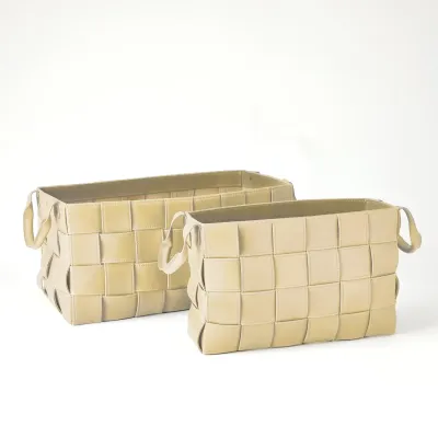 Soft Woven Leather Basket Beige Small