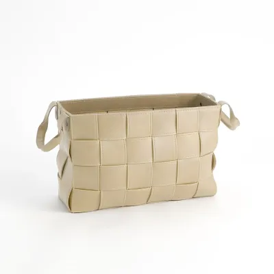 Soft Woven Leather Basket Beige Small