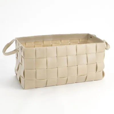 Soft Woven Leather Basket Beige Large