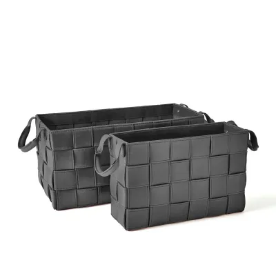 Soft Woven Leather Basket Black Small