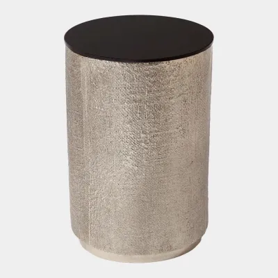 Tomiko Antique Nickel Hemp Etched Barrel Table