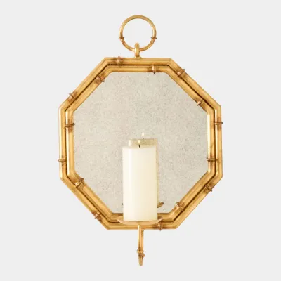 Gold Octagonal Bamboo Mirror with Candleholder
