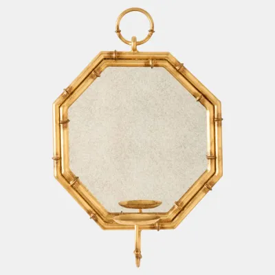 Gold Octagonal Bamboo Mirror with Candleholder