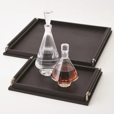 Wrapped Handle Tray Black Leather Large