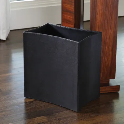 Folded Leather Wastebasket Black
