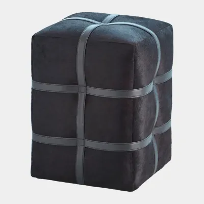 Belted Black Hair-on-Hide Leather Pouf