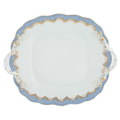 Fish Scale Light Blue Square Cake Plate With Handles 9.5 in Sq