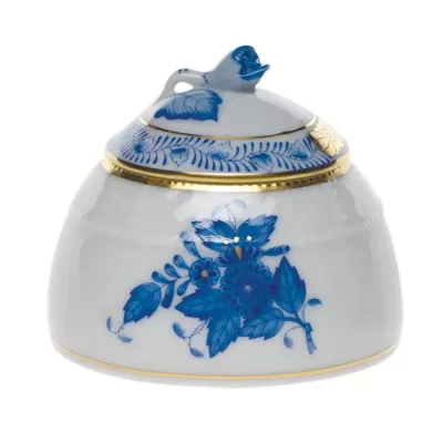 Chinese Bouquet Blue Honey Pot With Rose 2.5 in H