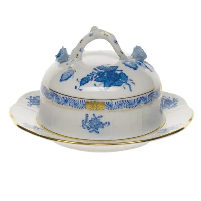 Chinese Bouquet Blue Covered Butter Dish 6 In D 3.5 In H