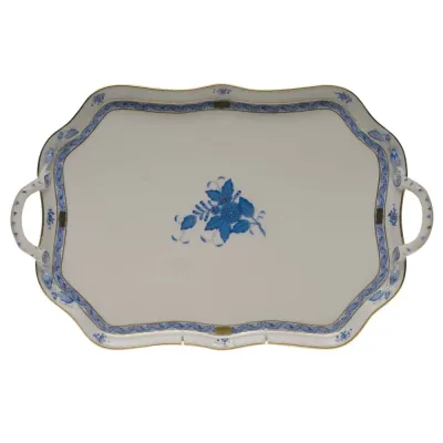 Chinese Bouquet Blue Rec Tray With Branch Handles 18 In L
