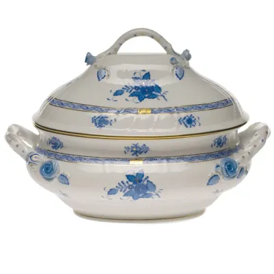 Chinese Bouquet Blue Tureen With Branch Handles 4 Qt 10 in H