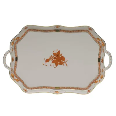 Chinese Bouquet Rust Rectangular Tray With Branch Handles 18 in L