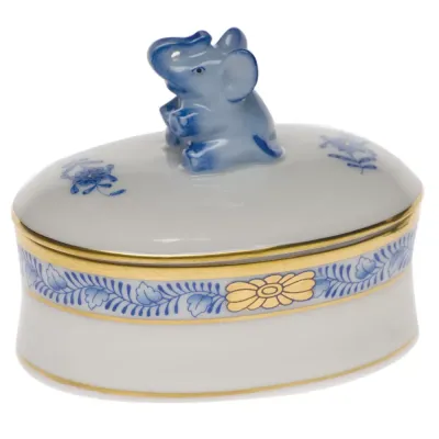 Oval Box With Elephant Blue 2.75 In L X 2 In H
