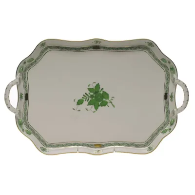 Chinese Bouquet Green Rectangular Tray With Branch Handles 18 in L