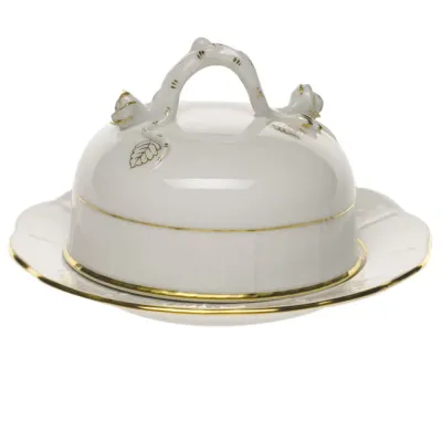 Golden Edge Covered Butter Dish 6 in D 3.5 in H