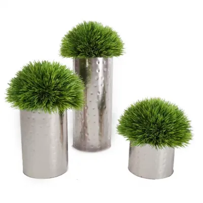 Set Of 3 Grass in Silver Cylinders Lg 14", Med 11", Small 7"