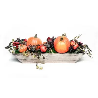 Wood Trough With Pumpkins And Pomegranates