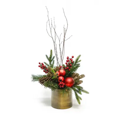 Pomegranates/Christmas Foliage in Gold Cylinder 15 x 16 x 26 in