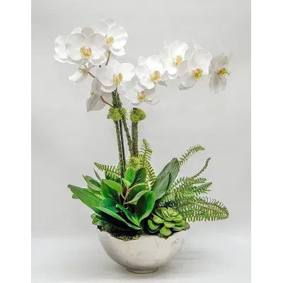 Cast Alum Bowl W/Double Orchid, Fern & Foliage