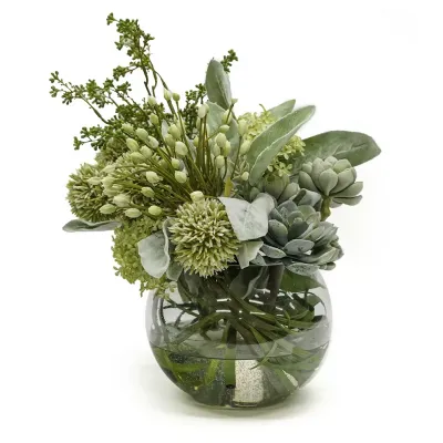 Greenery/Succulents in Glass Bowl 15 x 16 x 16"