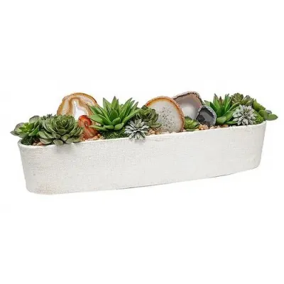 24" Long White Planter With Succulents And Agate Slices