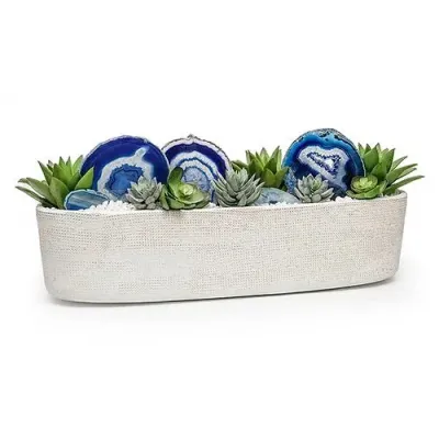 19" Long White Planter With Succulents And Agate Slices