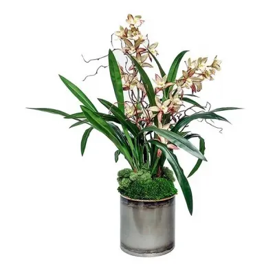 Large Steel Pot With Double Cymbidium