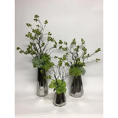 Set of Three Irish Moss Skimmia/Silver Geo Vase