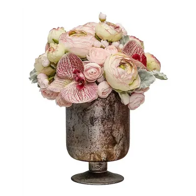 Blush Ranunculus/Orchids In Antique Glass Cup